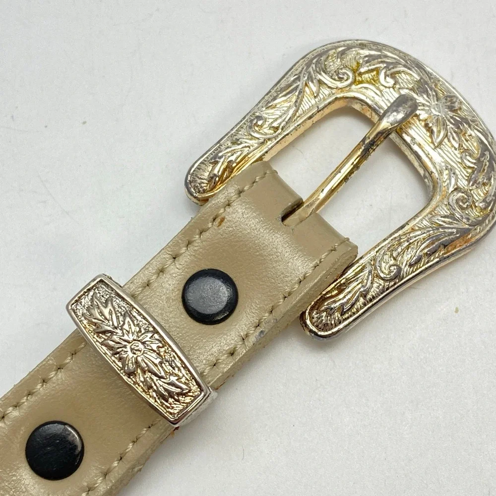 Vintage Southwest Style Belt Engraved‎ Buckle Rainbow Woven Fabric Beige Leather